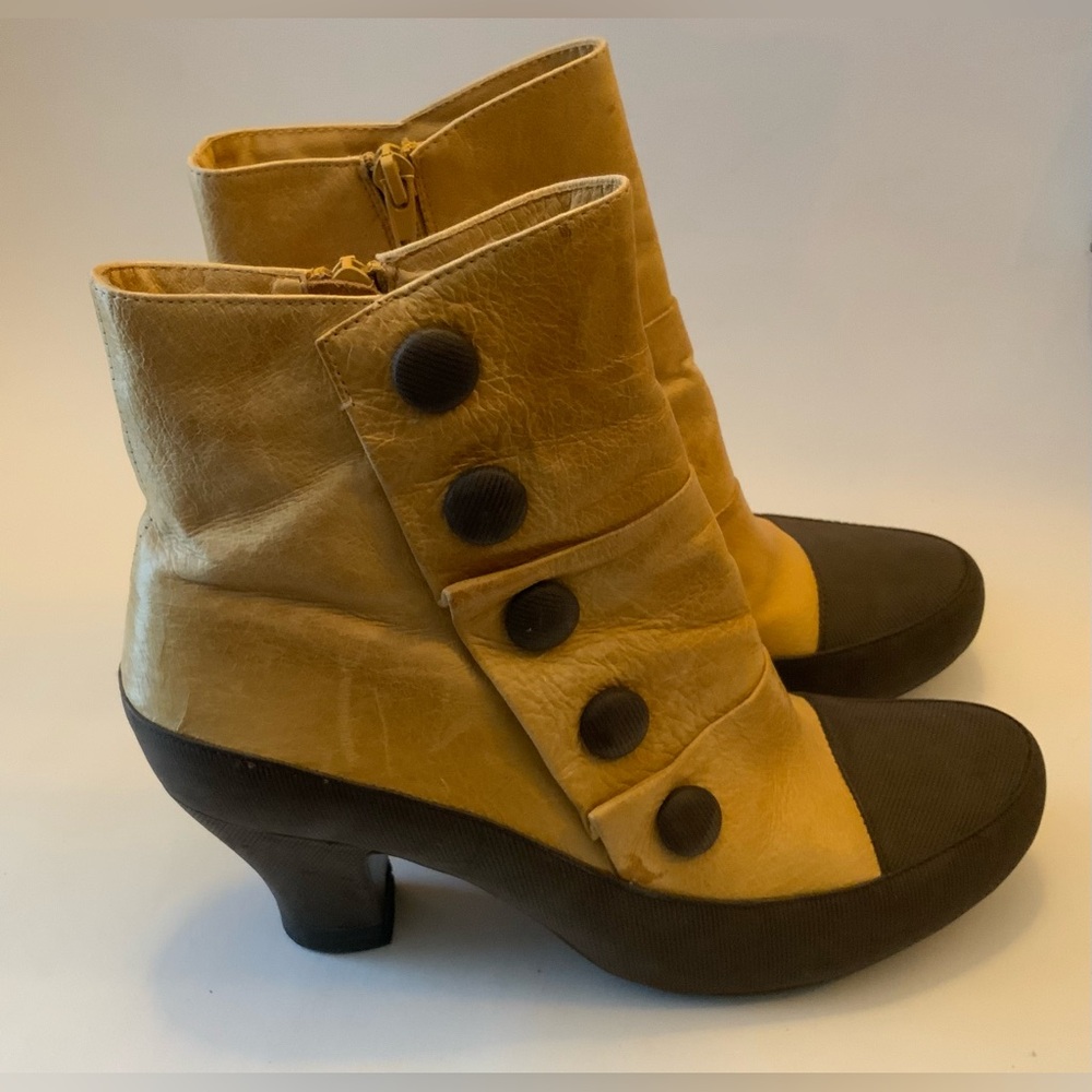 Miz Mooz Mustard Yellow and Black Heeled Button Booties